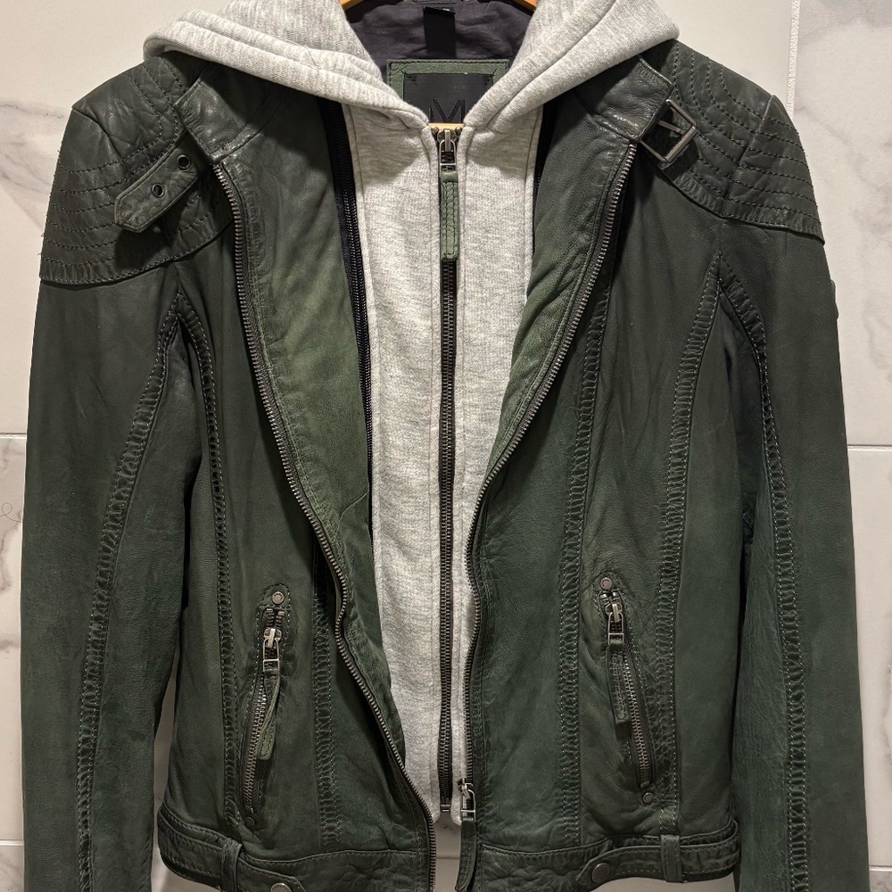 Great Leather Biker Jacket in Olive Green with removable hoodie lining